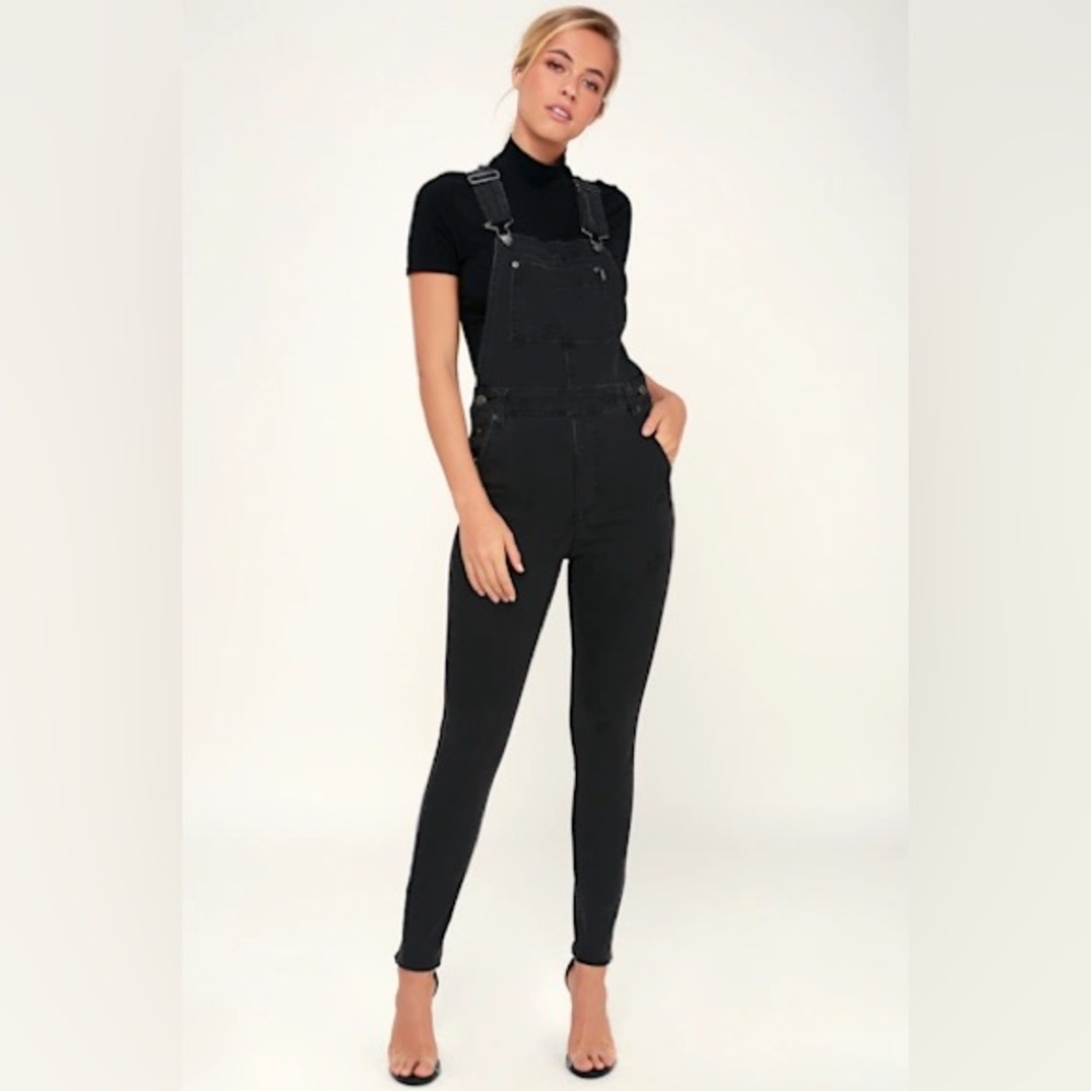 Straight Leg Black Denim Overalls Distressed Forever 21 Black, Size 25